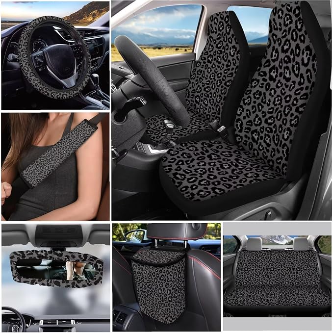 Gray Leopard 12 Pack Car Seat Covers Set - Universal Fit for Car, Van, SUV - Polyester, Neoprene - Automotive Seat Cover Set