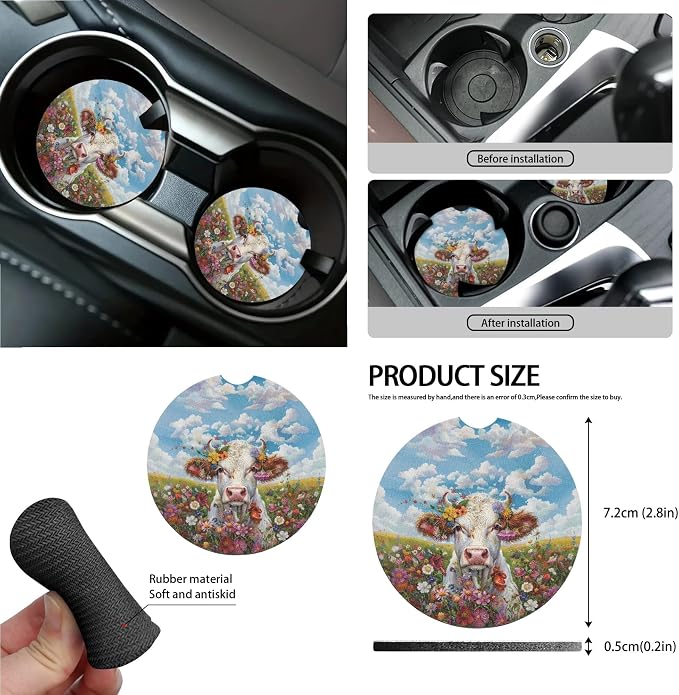 Cow Floral Print 15 PCS Car Front Back Seat Cover Full Set, Seat Belt Strap Pad Steering Wheel Covers Air Vent Storage Bag Cup Holder Rear View Mirror Cover Key Chain Auto Decor