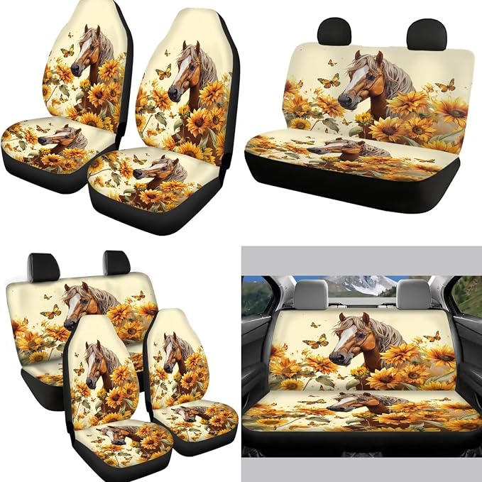 12pcs Auto Interior Set - Sunflower Butterfly Horse Car Seat Cover, Coaster, Sunflower Keychain, 15 Inch Steering Wheel Cover, Seatbelt Pad for Men Women Car Decor Accessory