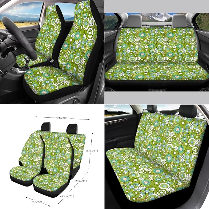 Hippie Flowers Green Print 15Pcs Car Seat Cover Full Set Car Steering Wheel Cover Seat Belt Cover Trash Bin Air Vent Storage Box Front Rear View Mirror Car Cup Holder Keychain