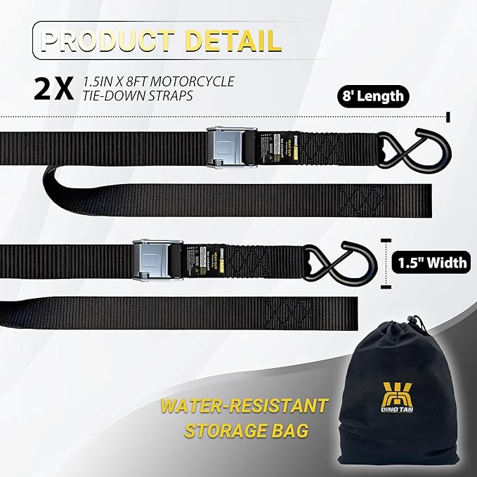 Motorcycle Tie Down Straps - 3,000lb Break Strength, 1.5 in X 8FT Heavy-Duty Cambuckle Tie Down Set with S Hook and Soft Loops - Better Than a Ratchet Strap Black