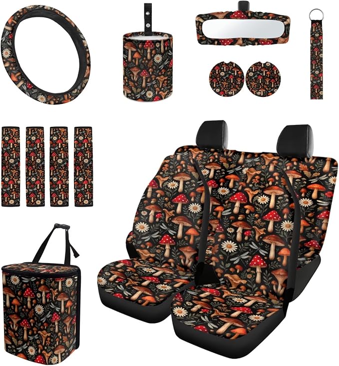 Red Mushroom 15Pcs Car Seat Cover Full Set Car Steering Wheel Cover Seat Belt Cover Trash Bin Front Rear View Mirror Car Cup Holder Keychain