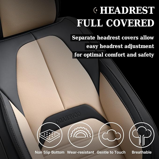 Coverado Car Seat Covers Full Set, Seat Covers for Cars, Automotive Seat Covers, Waterproof Nappa Leather Front Seats and Back Car Seat Protector, Universal Fit for Most Cars SUV Trucks,Black&Beige