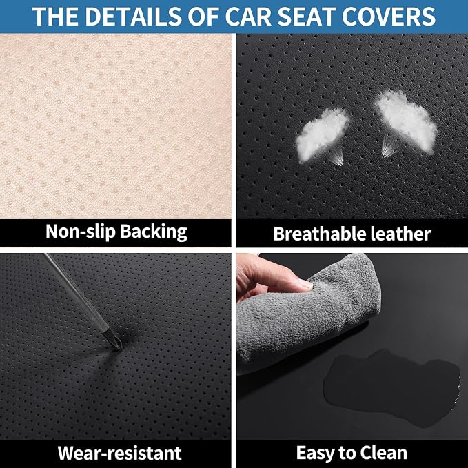 Leather Car Seat Covers Full Set Breathable Automotive Seat Protectors, Waterproof Universal Fit for Most Cars, SUVs, Trucks (Black, Full Set)