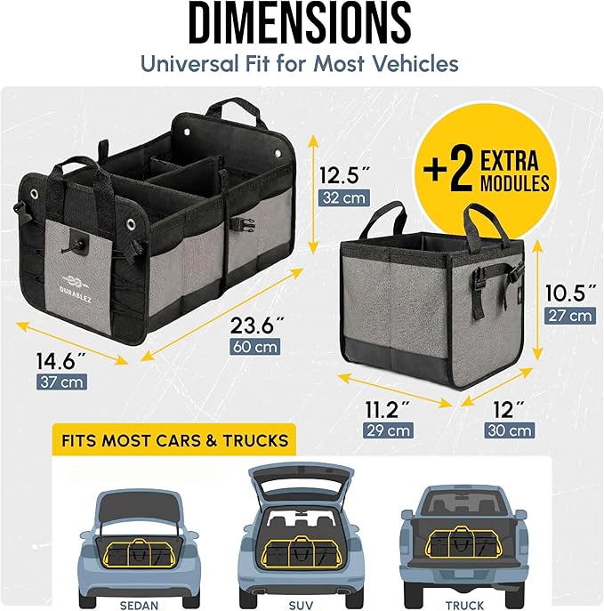 Modular 4-Section XL Trunk Organizer – Car Storage for Groceries, Tools, Sports Gear, Emergency Kits – Extra Large Multi-Compartment Cargo Box, Collapsible & Heavy Duty – Gray