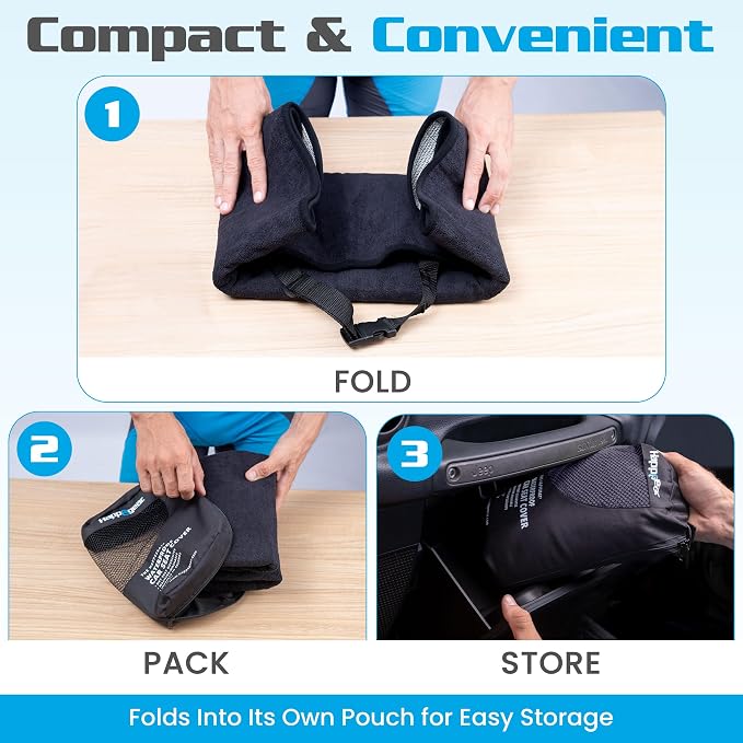 HAPPEGEAR Happeseat Waterproof Car Seat Cover & Protector – Universal Fit Car Seat Towel Cover – Non-Slip Backing, Easy Install & Storage, Machine Washable, Fits Front & Back, Black
