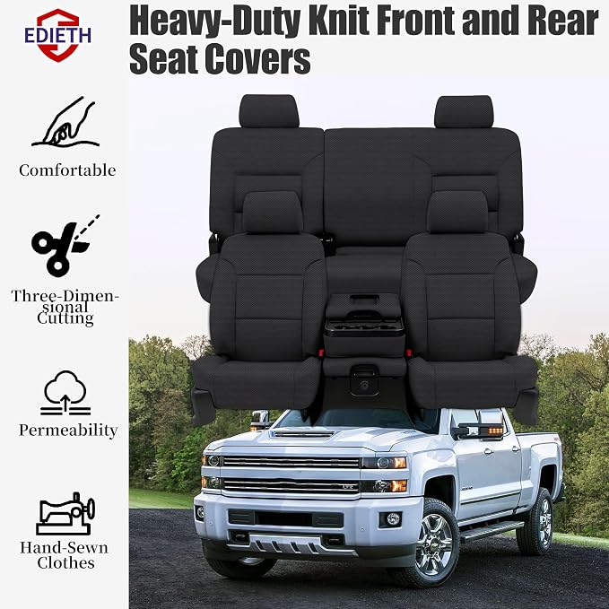 Seat Covers for Chevy Silverado & GMC Sierra 1500 2014 2015 2016 2017 2018 Front & Rear 60/40 Split Bench Full Set Foam Padded Heavy-Duty Automotive Seat Cover Set - Black