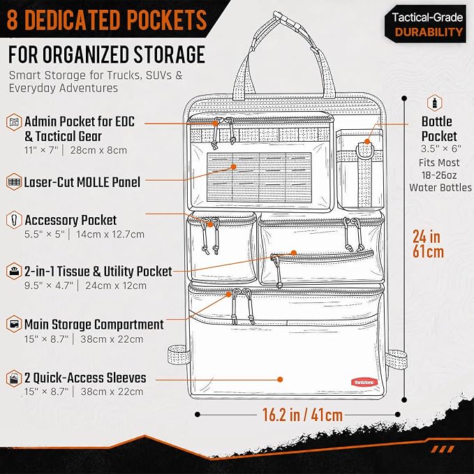 Tactical Seat Back Organizer Heavy Duty MOLLE Panel Organizer with Multiple Pockets & Hook Loop Panel for Road Trip Essentials, Universal Fit for Car SUV Truck Jeep (Army Green)