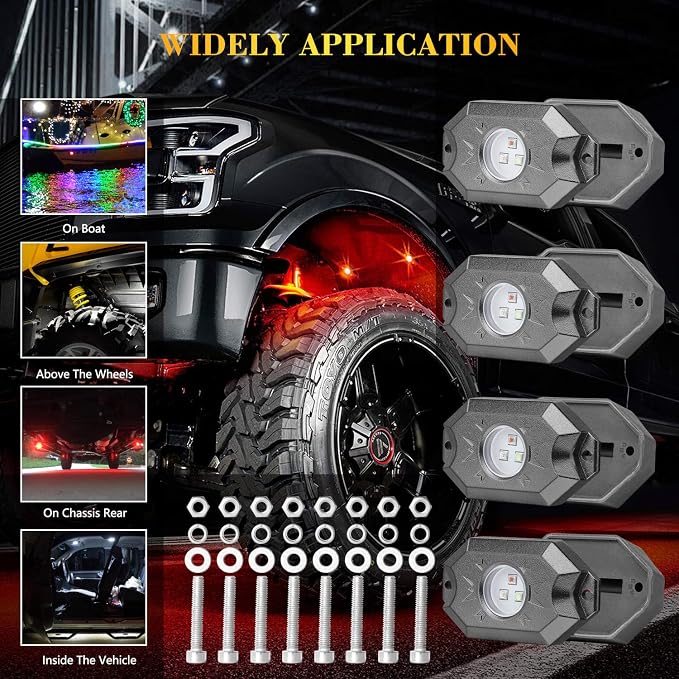 RGB LED Rock Light Kits 4 Pods Underglow Neon LED Lights with Bluetooth Control Waterproof Multicolor Wheel Well Lights for Truck SUV ATV UTV Boat Marine Motorcycle Off Road