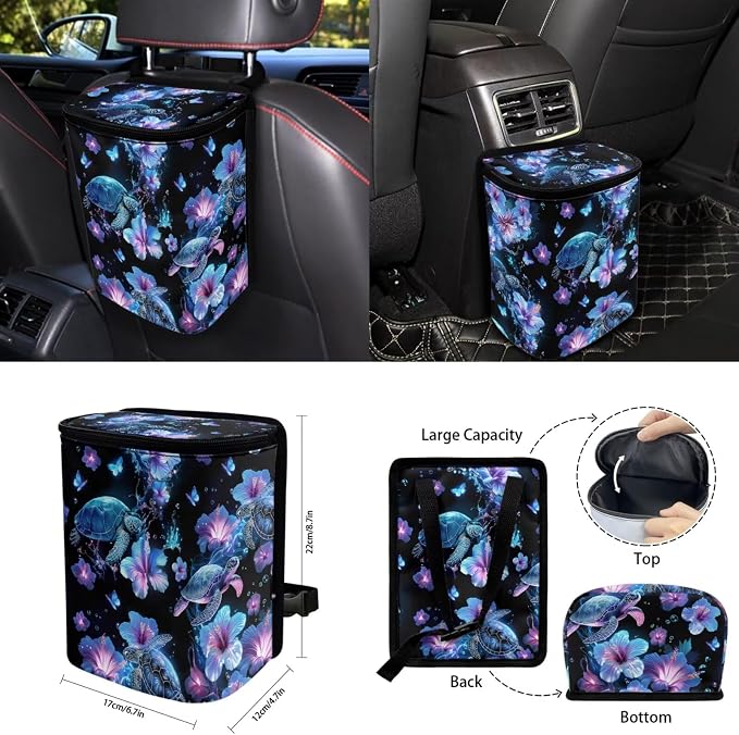 15 Pcs Plumeria Sea Turtle Car Seat Covers Full Set for Women Cute Car Accessories Interior Car Steering Wheel Cover Seatbelt Covers Trash Bin Rear View Mirror Cover Cup Holders Keychain