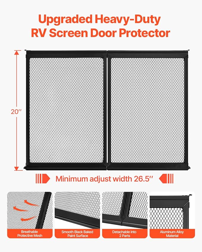 VEVOR RV Screen Door Protector, 26.5 x 20 inch Door Grille, Easy to Install and Disassemble, Reinforced Breathable Protective Mesh, Aluminum Alloy Camper RV Entry Protector for Pet Protection, Black