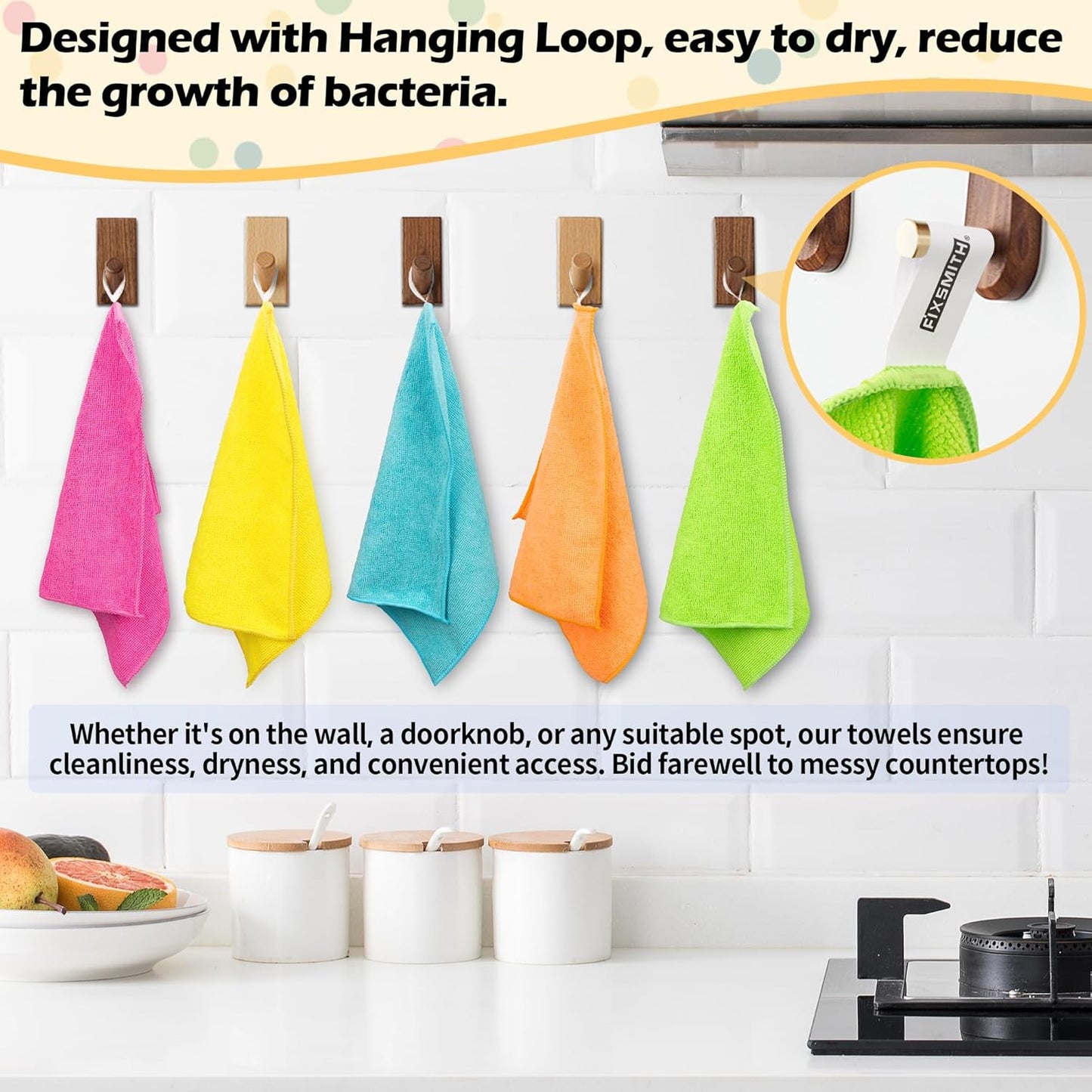 FIXSMITH Microfiber Cleaning Cloth, 50 Pack Cleaning Rags, Cleaning Towels for Housekeeping, Kitchen, Car, Lint-Free, Reusable Shop Towels with 5 Colors (Green/Blue/Yellow/Orange/Pink), 12"X12"