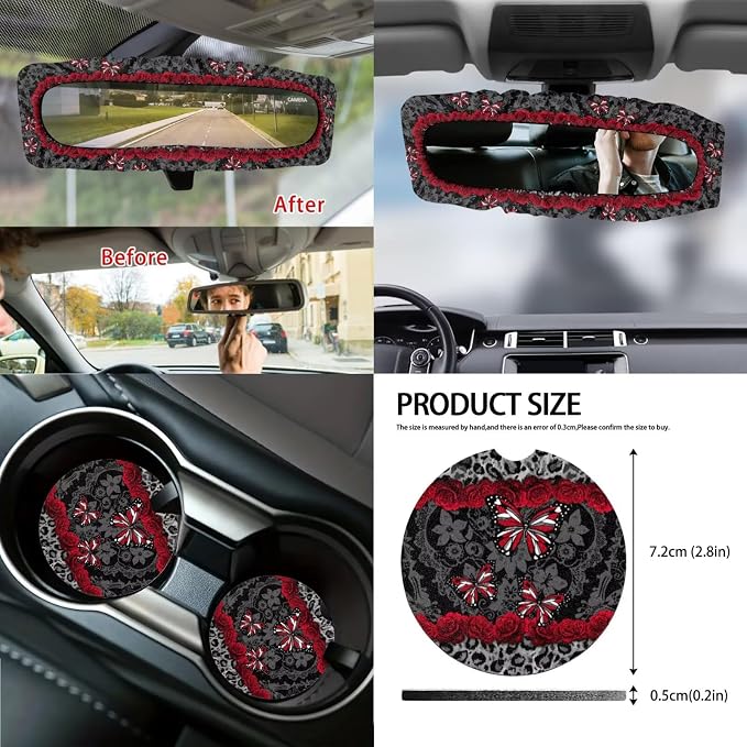 14Pcs Car Seat Covers Full Set Butterfly Rose Leopard Print Car Front Back Seat Covers with Steering Wheel Cover Armrest Cushion Safety Belt Pads Rearview Mirror Cover, Easy to Install