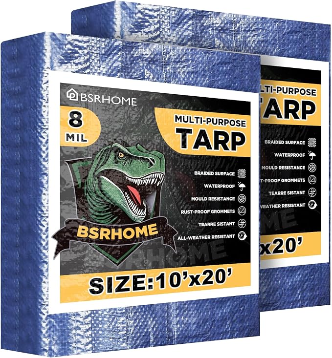 Tarps Waterproof 10x20 Feet, 2 Pack Heavy Duty Blue Tarp Cover 8 Mil Thick, Resistant Plastic Tarpaulin with Metal Grommets, Outdoor Tent Cover for Emergency Rain