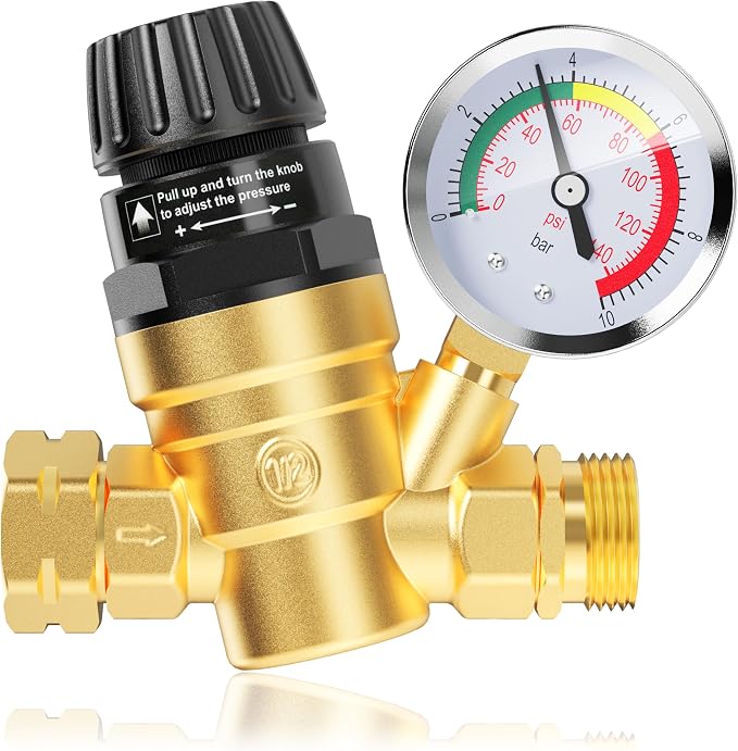 RV Water Pressure Regulator Valve, Brass Lead-Free Adjustable Water Pressure Reducer with Gauge and Inlet Filter for RV Camper and Travel Trailer