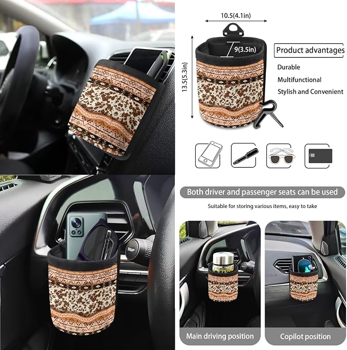 Aztec Tribal Geometric Cow Sunflower Print Full Set with Front Back Seats Steering Wheel Covers, Trash Can, Air Vent Bag, Auto Seat Belt Pads, Mirror Cover, Cup Holder Coaster for Women Men