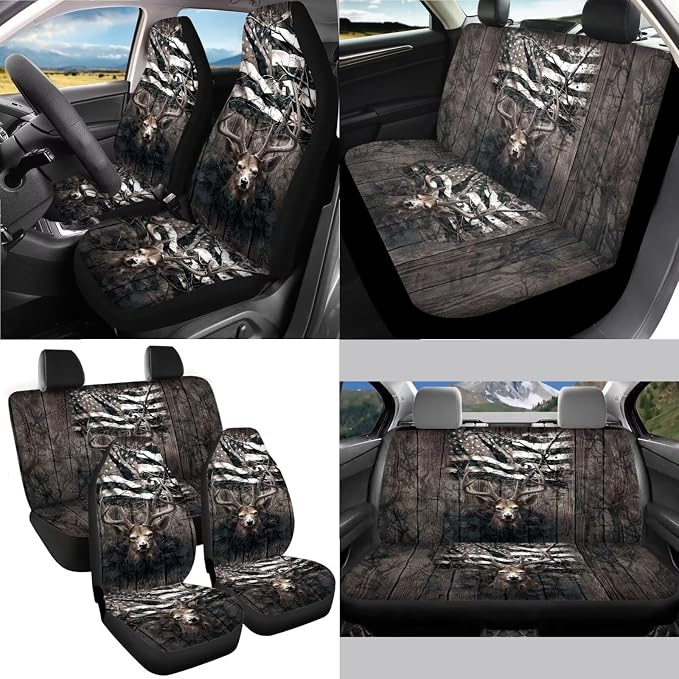 Deer Wood American Flag Print Car Accessories Set of 13, Washable Front and Rear Seat Covers Full Set + Steering Wheel Cover + Safe Belt Pads + Coasters Interior Decoration Fit for Most Cars