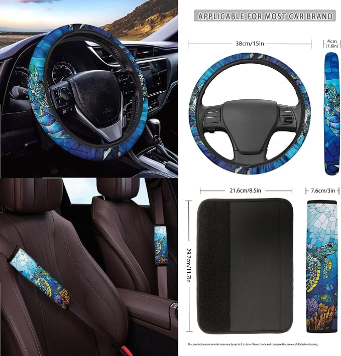 Turtle Coral Glass Print 15 Pack Car Accessories Set Car Seat Covers Steering Wheel Cover Seatbelt Strap Pad Garbage Cans Air Vent Storage Holder Rearview Mirror Cover Coasters Keychain