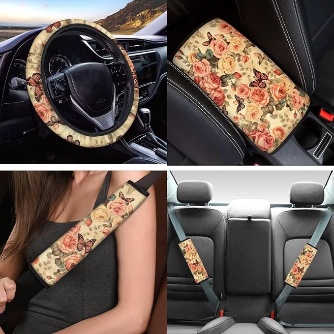 12 Pcs Rose Car Seat Covers - Full Set for Women with Vintage Rose Floral Butterfly Auto Seat Protection, Cute Floral Steering Wheel Cover, Keyring, Armrest Pads, Seatbelt Pads
