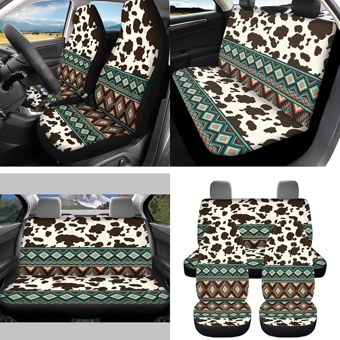 Aztec Brown Cow Print Car Seat Covers Set of 15 with Universal Steering Wheel Cover, Rearview Mirror Cover, Car Trash Can, Seatbelt Pads, Cup Holder Coasters, Keychains