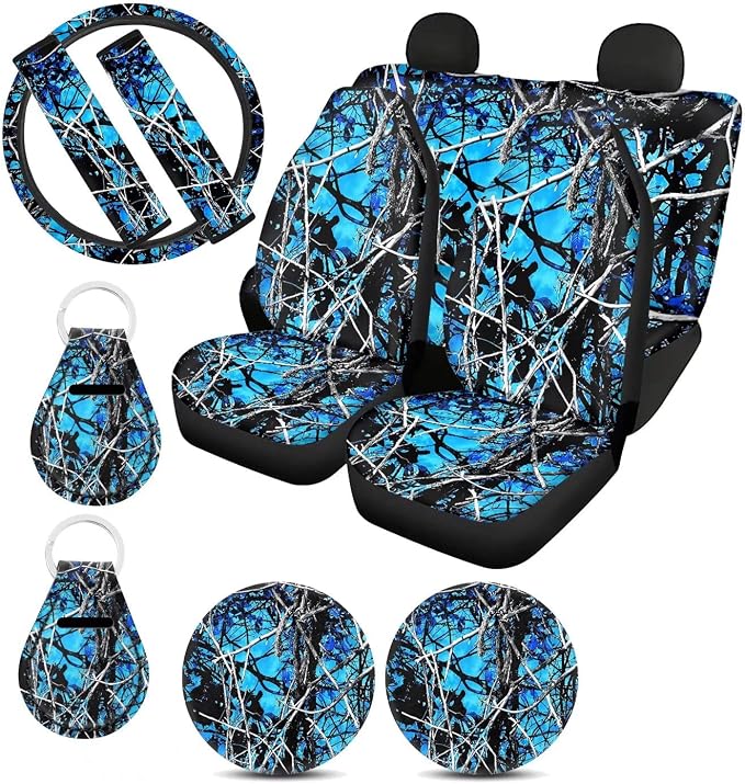 Xoenoiee Universal Car Seat Covers Full Set 11-pcs Blue Forest Camo Car Interior Accessories for Women Men, Car Coasters, Keychain, Steering Wheel Cover, Seat Belt Pad