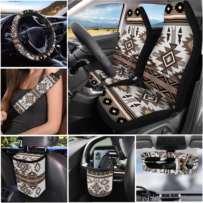 Dreaweet Navajo Seat Covers for Cars Full Set Southwestern Geometric Tribal Steering Wheel Cover Seat Belt Pads Trash Bag Vent Storage Pouch Rear View Mirror Cover Car Coasters Keychain 15 Pcs Set