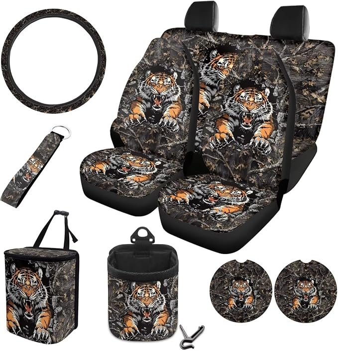 Tiger Forest Camo Pattern Auto Seat Covers Full Set, Car Interior Decor Set of 10 Steering Wheel Cover Cup Coasters Car Trash Can Air Vent Pounch Bag Keychain Universal Fit for SUV Truck Van