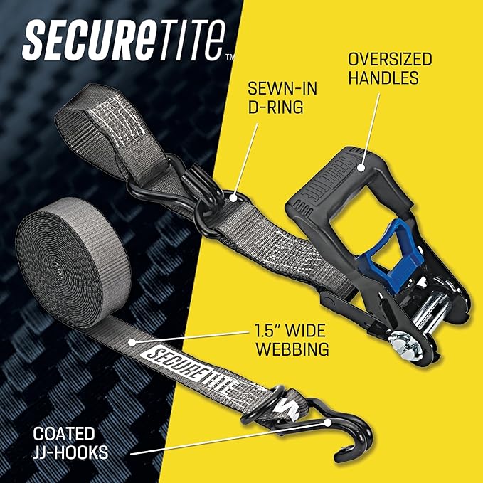 Secure Tite 1-1/2” x 20’ Ratchet Cargo Straps, 2-Pack – Ratchet Tie Down Straps, Double J-Hook Ratchet Tie Down – Ratchet Strap Set, 1667 lbs. Working Load Limit, 5000 lbs. Break Strength