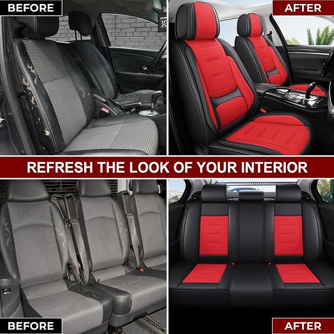 otoez Nappa Leather Car Seat Covers Full Set, Breathable Leather Automotive Seat Covers Front & Rear Seat Protectors with Lumbar Support, Universal Fit for Most 5 Seats Cars SUV Truck Sedan(Black+Red)