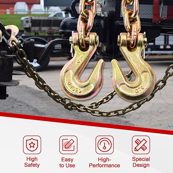 Heavy Duty G80 Transport Binder Chain 1/2'' Inch x 10 Feet,Tow Chain with G70 Clevis Grab Hooks,12000 lbs Safe Working Load Logging for Transporting, Towing(1/2'' x 10FT Yellow).