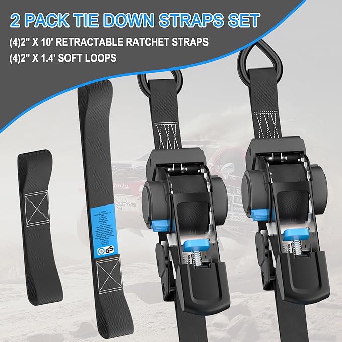 CARTMAN 2-Pack Retractable Ratchet Straps, 2” x 10’ 3000lbs Break Strength, Heavy Duty Tie Down Straps with Soft Loops, Ideal for Trucks, Trailers & Cargo