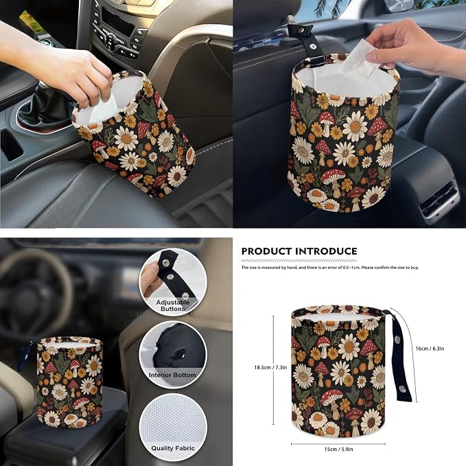 Mushroom Dasiy Car Seat Cover Split Covers for Women Men, Car Steering Wheel Cover Seat Belt Strap Pad Trash Bag Rearview Mirror Accessories Cup Holder Key Chain, 15 PCS