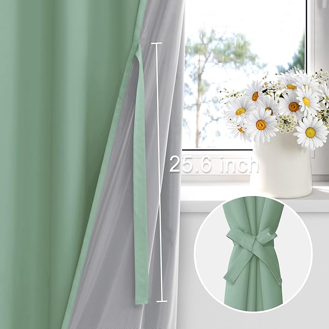 XWZO 100% Blackout Curtains 63 Inches Length with Tiebacks - Heat and Light Blocking Ring Top Window Drapes with Black Liner Backing for Bedroom/Kid's Room, Light Sage, W60 x L63, Set of 2 Panels