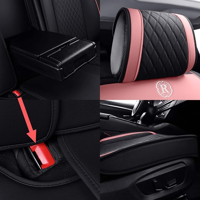 Aierxuan Car Seat Covers for Girls Women Waterproof Girly Seat Cushion Universal for CRV Acura Hyundai Altima Corolla Jeep Wrangler Focus Edge Escape Raider (Full Set, Black-Pink)