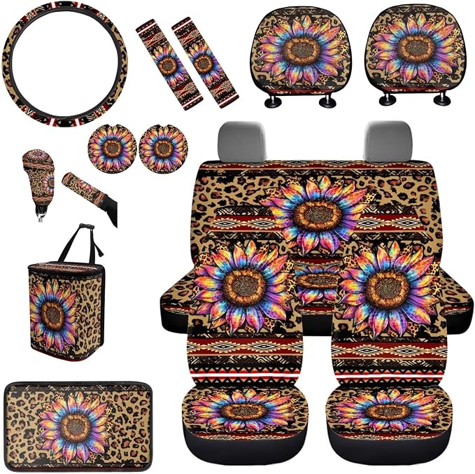 BIGCARJOB Leopard Sunflower Print Car Seat Cover Full Set 15 Pieces Car Interior Accessories Set with Steering Wheel Cover Car Trash Can Hanging Seat Headrest Covers