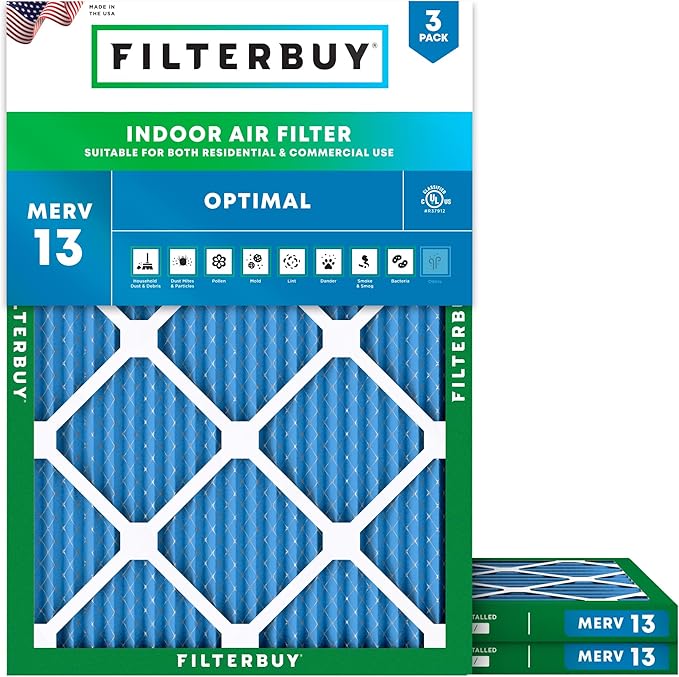 Filterbuy 14x20x1 Air Filter MERV 13 Optimal Smoke & Allergy Defense (3-Pack), Electrostatic Pleated HVAC AC Furnace Filters Replacement (Actual Size: 13.50 x 19.50 x 0.75)