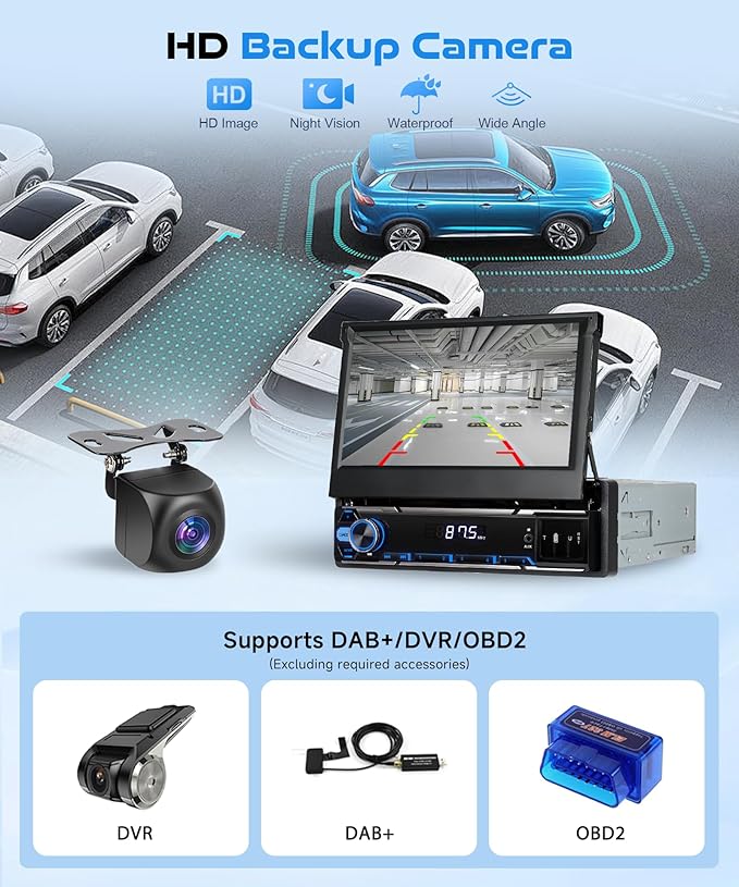 4G+64G Android Single Din Flip Out Car Stereo with Wireless Carplay Android Auto, Sellrich 7" Single Din Flip Out Touchscreen Radio with BT 5.0 GPS WiFi DSP FM/RDS USB/AUX/Type-C SWC Backup Camera