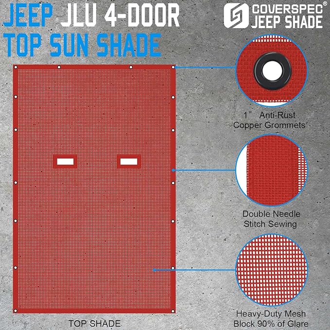 JL Top Sun Shade Roof Compatible with Jeep Wrangler 2 or 4 Door 2018 to 2023 Sunshade Sunroof Cover Blocks UV Wind Noise Cherry Red Mesh for Full Length