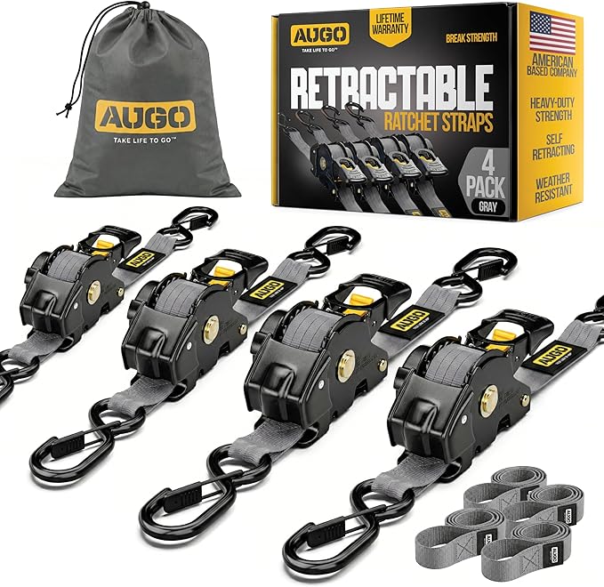 AUGO Retractable Ratchet Straps – 1" x 10' – 1200Lb Breakstrength – 4 Heavy Duty Self Retracting Tie Downs with Safety Lock S Hooks, Soft Loops & Storage Bag – for Motorcycle,Tree Stand,Bed,Boat,Cargo