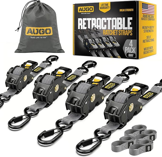 AUGO Retractable Ratchet Straps – 1" x 10' – 1200Lb Breakstrength – 4 Heavy Duty Self Retracting Tie Downs with Safety Lock S Hooks, Soft Loops & Storage Bag – for Motorcycle,Tree Stand,Bed,Boat,Cargo