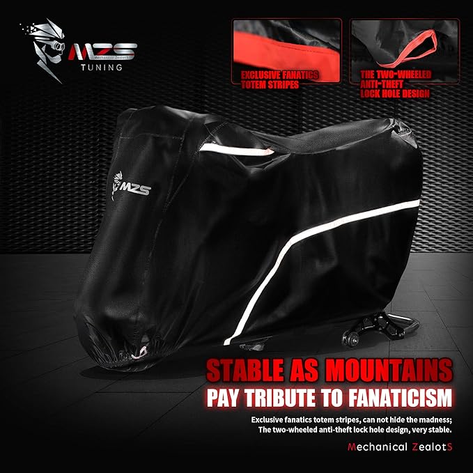 MZS Motorcycle Cover - All Season Weather Outdoor Waterproof Protection fits up to 86 inch L Compatible Sport Bikes Cruiser - Vents Night Reflective Tear Scratch Proof Sunblock Adjuster Buckle