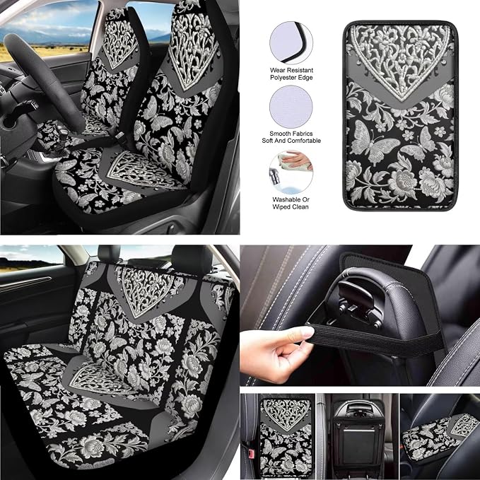 Butterfly 13 Pcs Car Seat Covers Full Set,Retro Floral Butterfly Auto Front and Rear Bench Seat Protector, Flower Moth Print Steering Wheel Sleeve Auto Armrest Cover