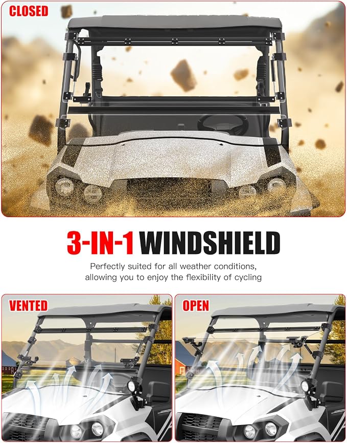3-in-1 Flip Up Windshield for Kawasaki Mule Pro MX,Clear 1/5" Hard Coated Front Flip Windshield UTV Adjustable Windscreen for Kawasaki Mule Pro MX 2019-2026 Accessories,Can Open/Vented/Closed