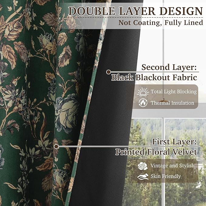 StangH Double- Layer Green Floral Curtains, Super Soft 100% Blackout Velvet Curtains 90 Inch Vintage Heat Cold Blocking Window Drapes for Bedroom Nursery, W52 x L90, 2 Panels