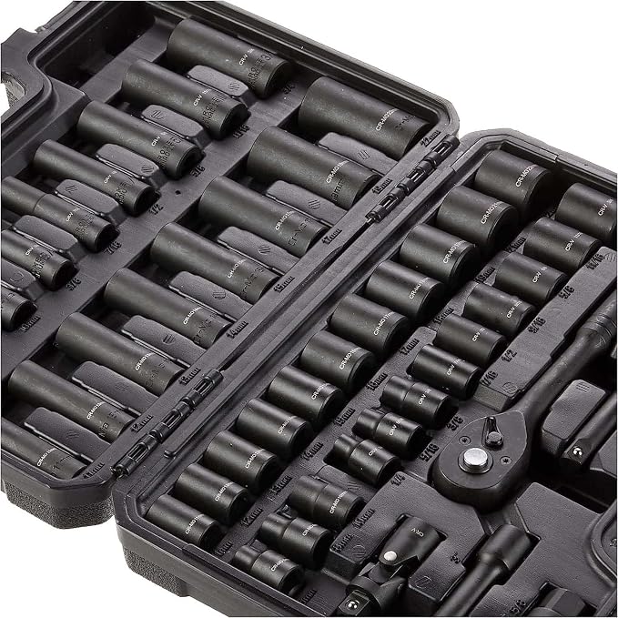 Amazon Basics 46-Piece 3/8-Inch Drive Socket Set with 6 & 12 Point Sockets, 72 Teeth Ratchet, SAE & Metric Sizes, Extension Bars, Universal Joint, Carrying Case (Pack of 2)