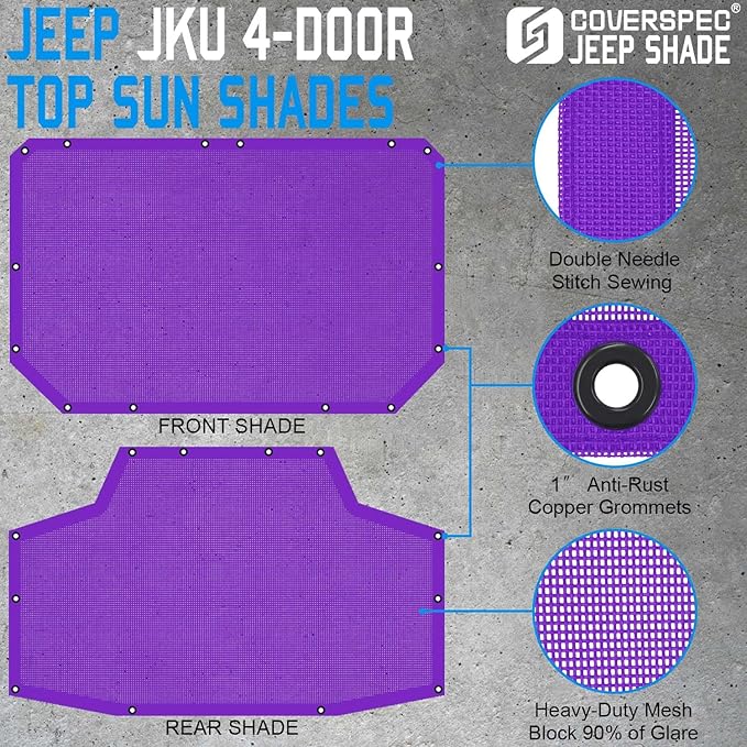 JK Sun Shade Top Compatible with Jeep Wrangler 4 Door 2007 to 2018 Sunshade Sunroof Bikini Cover Blocks UV Wind Noise Purple Mesh for Front and Rear 2 pcs