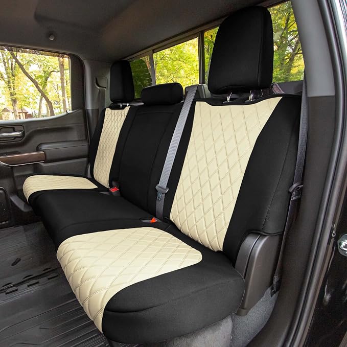 FH Group Custom Fit Car Seat Covers Specifically Made for 2019-2023 Chevrolet Silverado 1500 2500HD 3500HD RST - LTZ - HIGH COUNTRY Ultraflex Neoprene Water Resistant Seat Covers - Rear Set Beige