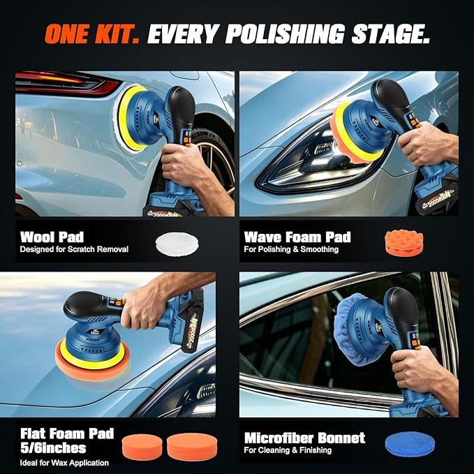 Cordless Car Buffer Polisher kit, 21V Dual 2000mAh Batteries, 8-Speed Orbital Polishing Machine with LED Display, 18PCS Kit for Car Detailing, Wax & Scratch Repair