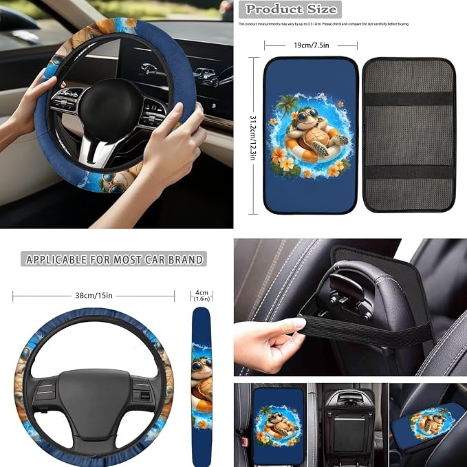 Forchrinse Hawaiian Sea Turtle Car Seat Covers 15 Pcs Auto Interior Cover Set with Steering Wheel Cover,Armrest Seatbelt Pads,Car Garbage Can,Coaster,Handbrake Gearshift Cover for SUVs Trucks