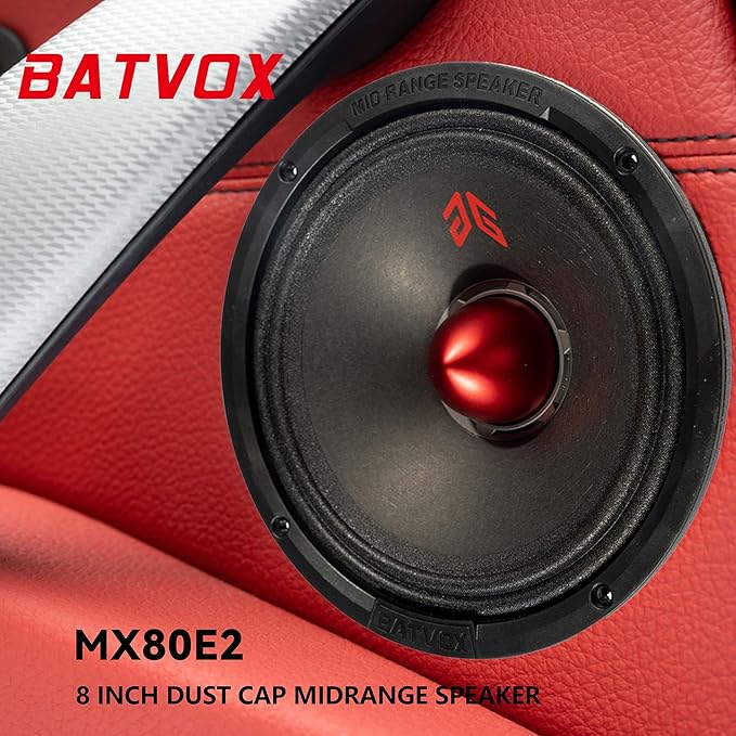 MX80E2 Loudspeaker 8 Inch Midrange 640 Watts 4 Ohms Red Bullet, Premium Quality Audio Door Speakers for Car or Truck Stereo Sound System, Black (2 Speakers)